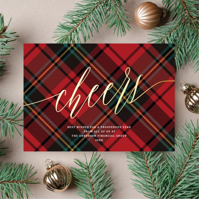 Modern Cheers Red Tartan Non-Photo Business Gold Foil Holiday Card (Creator Uploaded)