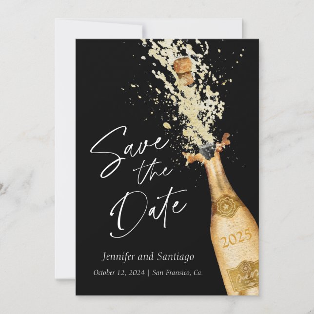 Modern Cheers Save the Date Black and Gold Card (Front)