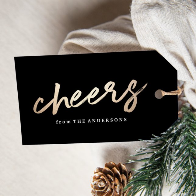 Modern Cheers Script Black and Gold Holiday Gift Tags (Creator Uploaded)
