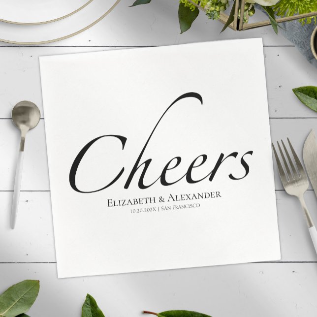 Modern Cheers Script | Black & White Wedding Napkin (Creator Uploaded)