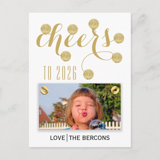 Modern cheers to 2015 gold balls New Year photo Holiday Postcard (Front)
