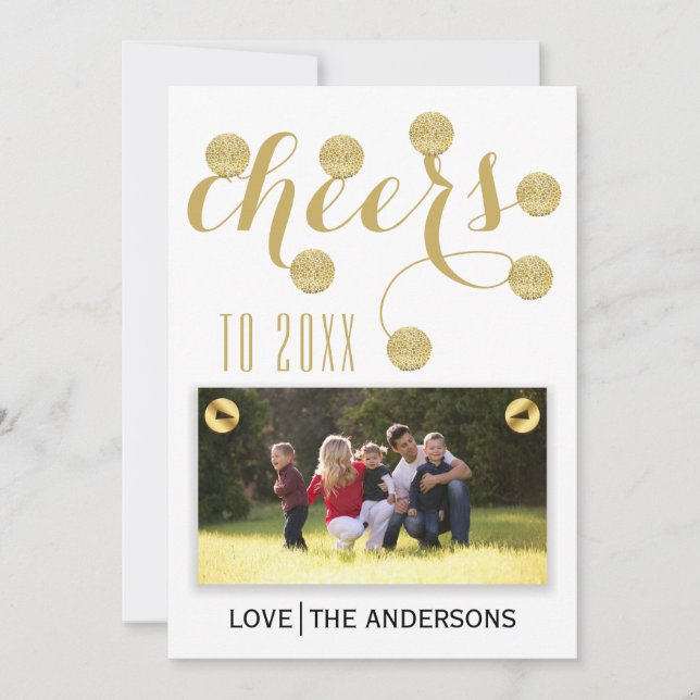 Modern cheers to 2015 gold New Year Groupon photo Holiday Card (Front)