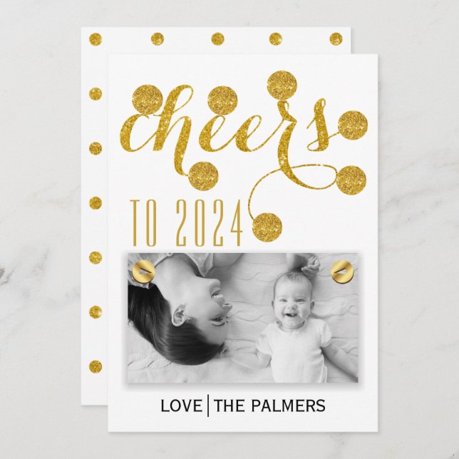 Modern cheers to 2024 gold glitter New Year photo Holiday Card (Front/Back)