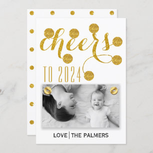 Modern cheers to 2024 gold glitter New Year photo Holiday Card