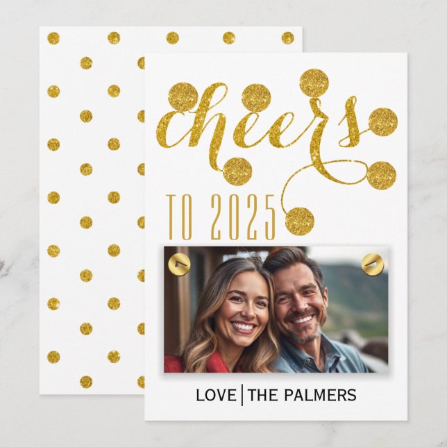 Modern cheers to 2025 gold glitter New Year photo Holiday Card (Front/Back)