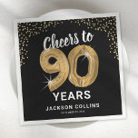 Modern Cheers to 90 Years Adult Birthday Napkins<br><div class="desc">Elegant ninetieth birthday party napkins featuring a stylish black background that can be changed to any colour,  gold sparkly glitter,  the saying "cheers to 90 years" using ninety gold hellium balloons,  their name,  and the date of the celebration.</div>