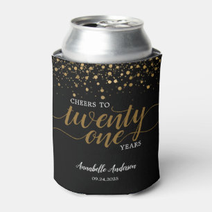 Modern Cheers to Gold Black Confetti 21st Birthday Can Cooler