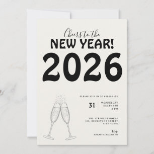 Modern Cheers to New Year Bold Typo Black White Invitation