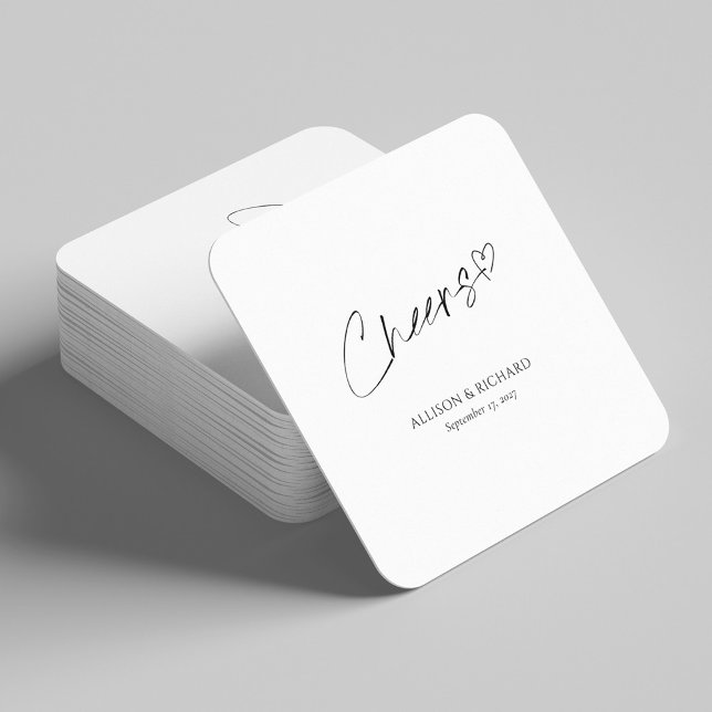 Modern Cheers Wedding Coaster Black & White Design (Modern Elegance - Personalized Cheers Wedding Square Paper Coaster)