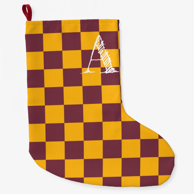 Modern Chequerboard Sports Team Colours INITIAL Large Christmas Stocking (Front)