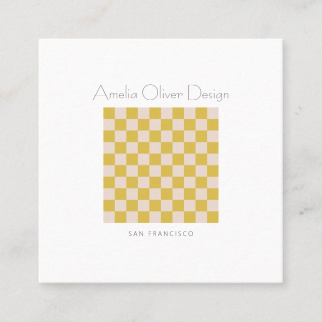 Modern Chequerboard Yellow Simple Stylish Custom Square Business Card (Front)