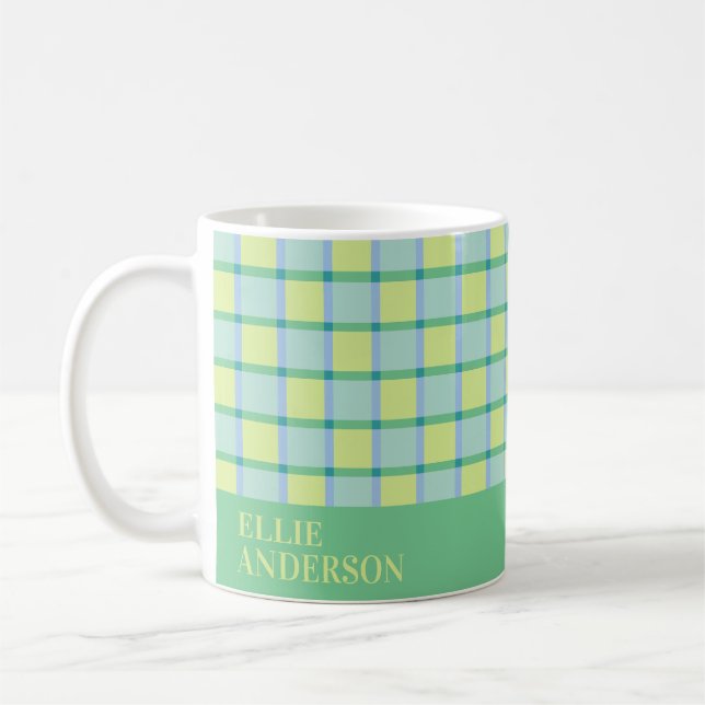 Modern Chequered Blue Green Lime Personalised Coffee Mug (Left)