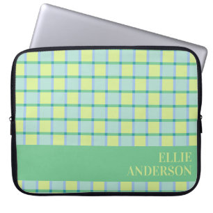 Modern Chequered Blue Green Lime Personalised Laptop Sleeve