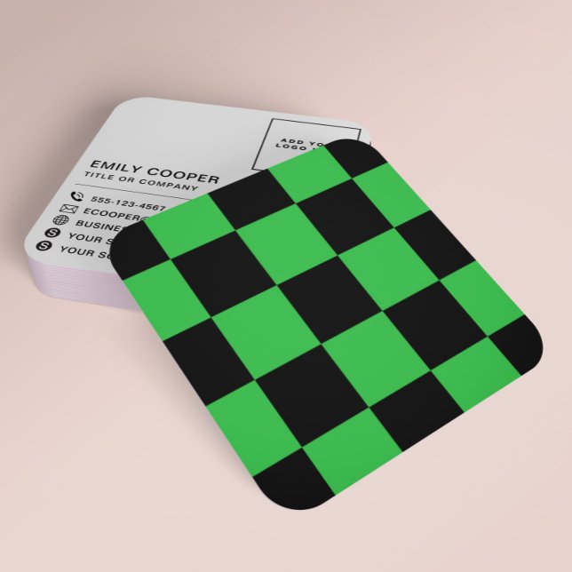 Modern Chequered Chequerboard Add Logo Black Green Square Business Card (Creator Uploaded)