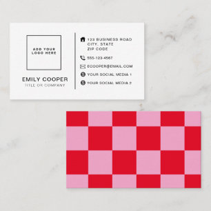 Modern Chequered Chequerboard Add Logo Pink Red Business Card