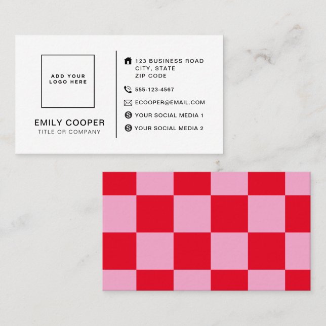 Modern Chequered Chequerboard Add Logo Pink Red Business Card (Front/Back)