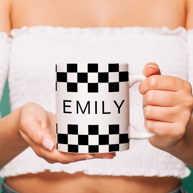 Modern Chequered Chequerboard Add Name Black White Coffee Mug (Creator Uploaded)