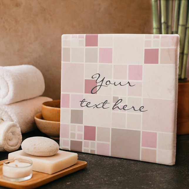 Modern Chequered Mosaic Pastel Pink Stone Coaster (Elegant stone coaster with a modern mosaic design in warm pastel pink colors. )