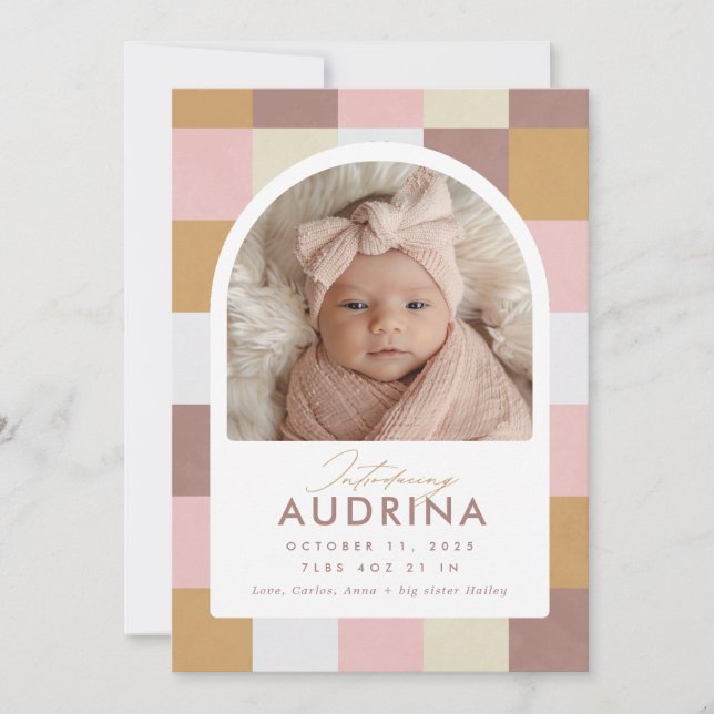 Modern Chequered Pattern Birth Photo Announcement (Front)