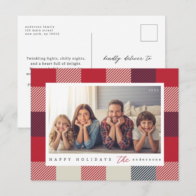 Modern Chequered Pattern Christmas Family Photo Postcard (Front/Back)