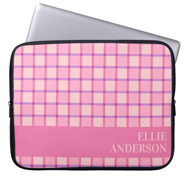Modern Chequered Pink Purple Personalised Laptop Sleeve (Front)
