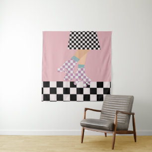 Modern Chequered Roller Skating Girl Art Checks Tapestry