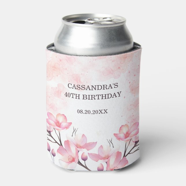 Modern Cherry Blossom Flower Pink Splash Birthday Can Cooler (Can Front)