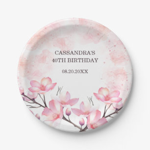 Modern Cherry Blossom Flower Pink Splash Birthday Paper Plate