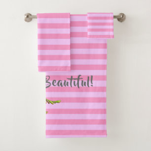 Modern Cherry Blossom Pink Stripe Hello Beautiful! Bath Towel Set