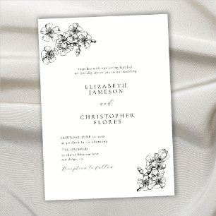 Modern Cherry Blossom Sketch Botanical BW Wedding Invitation