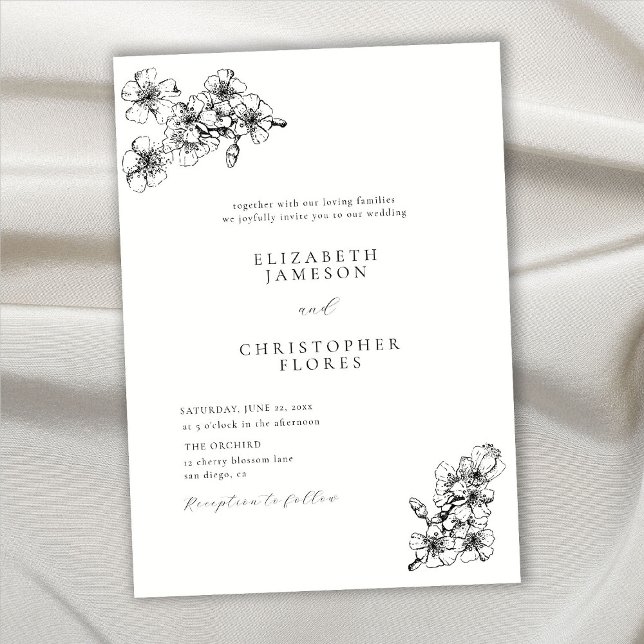 Modern Cherry Blossom Sketch Botanical BW Wedding Invitation (Creator Uploaded)