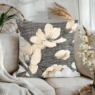 Modern Cherry Blossoms on Black and White Fabric Cushion
