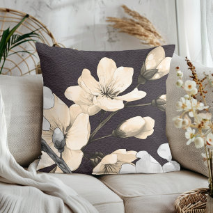 Modern Cherry Blossoms on Black Leather Cushion
