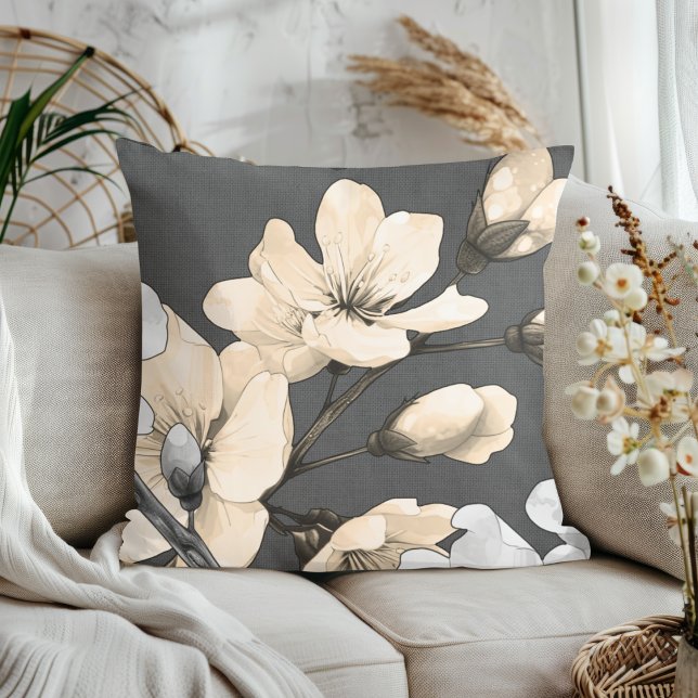Modern Cherry Blossoms on Grey Fabric Cushion (Creator Uploaded)