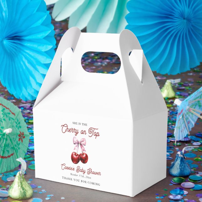 Modern Cherry On Top Pink Bow Baby Shower Favour Box (Party)