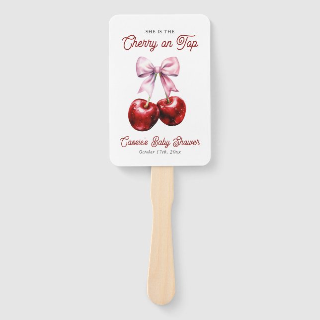 Modern Cherry On Top Pink Bow Baby Shower Hand Fan (Front)