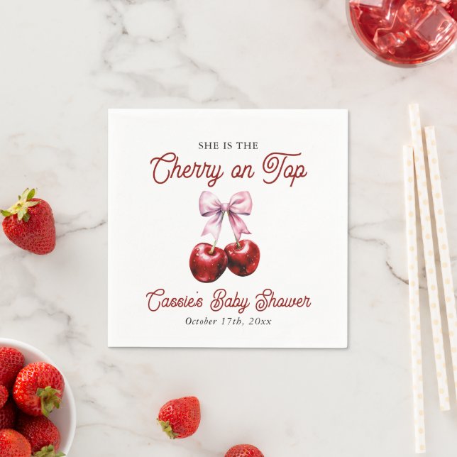Modern Cherry On Top Pink Bow Baby Shower Napkin (Insitu)