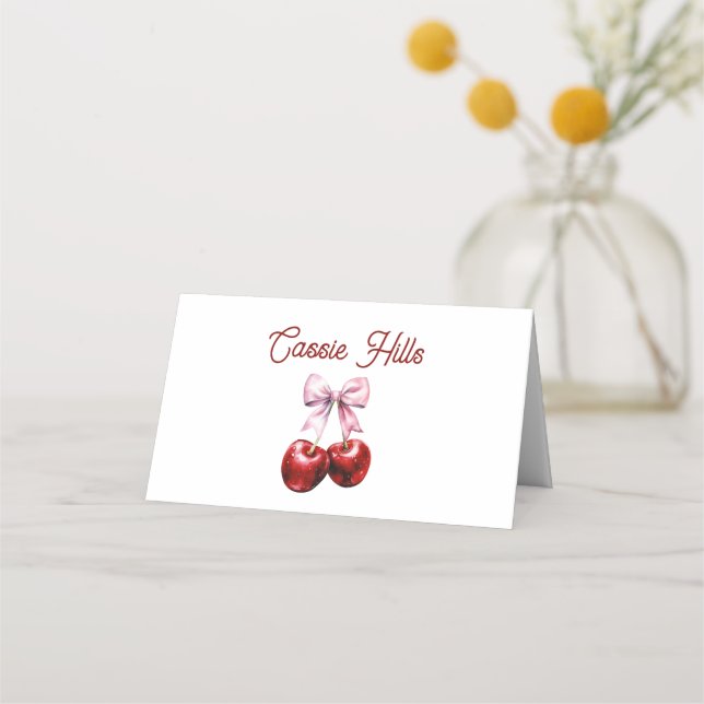 Modern Cherry On Top Pink Bow Baby Shower Place Card (Front)