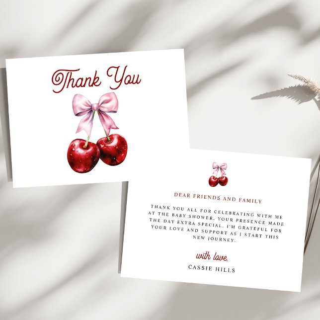 Modern Cherry On Top Pink Bow Baby Shower Thank You Card (Creator Uploaded)