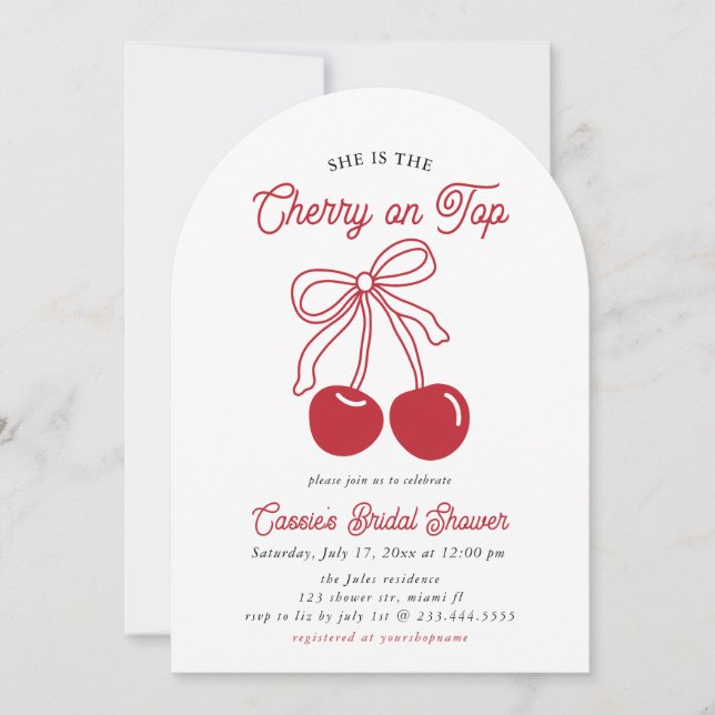 Modern Cherry On Top Pink Bow Bridal Shower Invitation (Front)