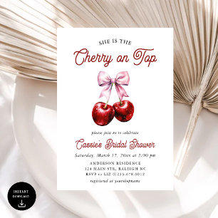 Modern Cherry On Top Pink Bow Bridal Shower Invitation