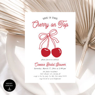 Modern Cherry On Top Pink Bow Bridal Shower Invitation