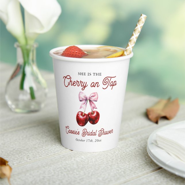 Modern Cherry On Top Pink Bow Bridal Shower Paper Cups (Insitu)