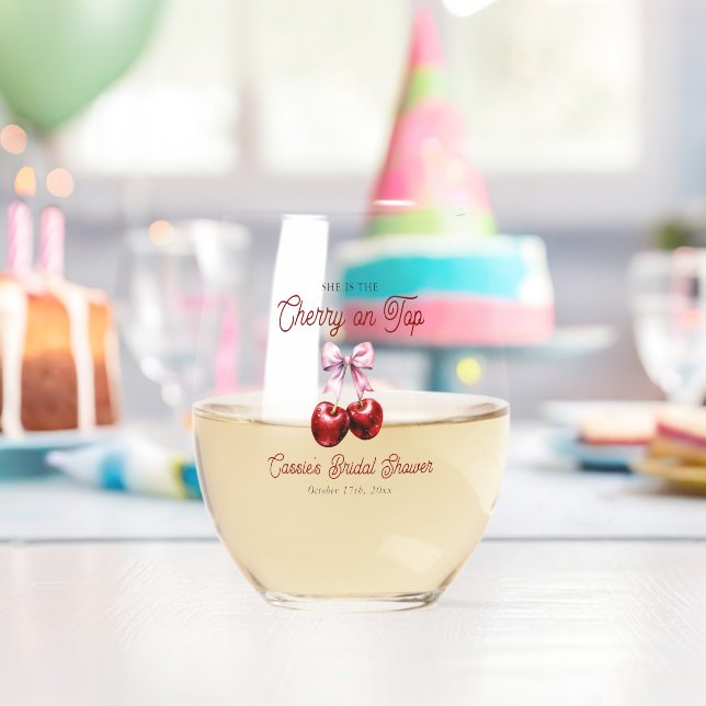 Modern Cherry On Top Pink Bow Bridal Shower Stemless Wine Glass (Insitu (Birthday))