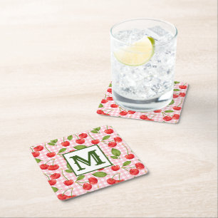 Modern Cherry Pattern Monogram Square Paper Coaster