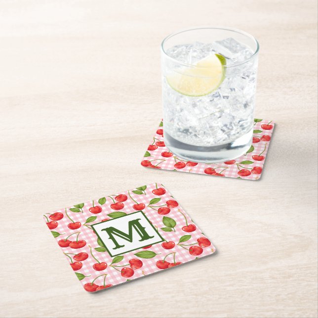 Modern Cherry Pattern Monogram Square Paper Coaster (Insitu)