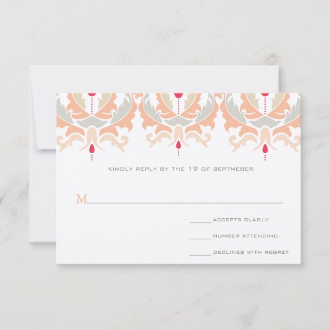 Modern Cherry Peach Mushroom Damask Wedding RSVP (Front)