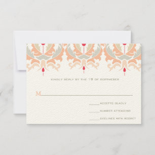 Modern Cherry Peach Mushroom Damask Wedding RSVP Card