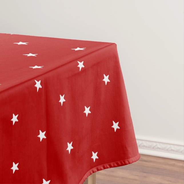 Modern cherry red crimson & white stars pattern tablecloth (In Situ)