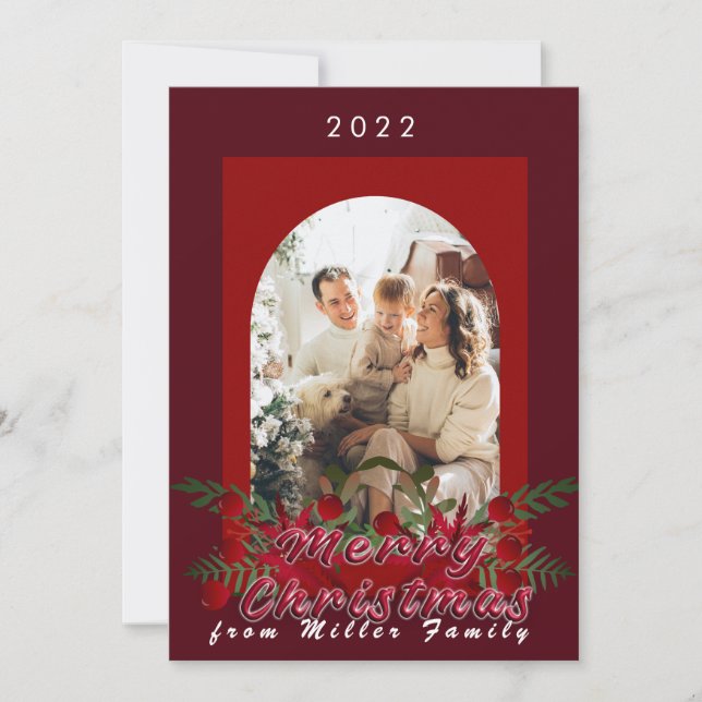 Modern Cherry Red Floral Merry Christmas wish card (Front)